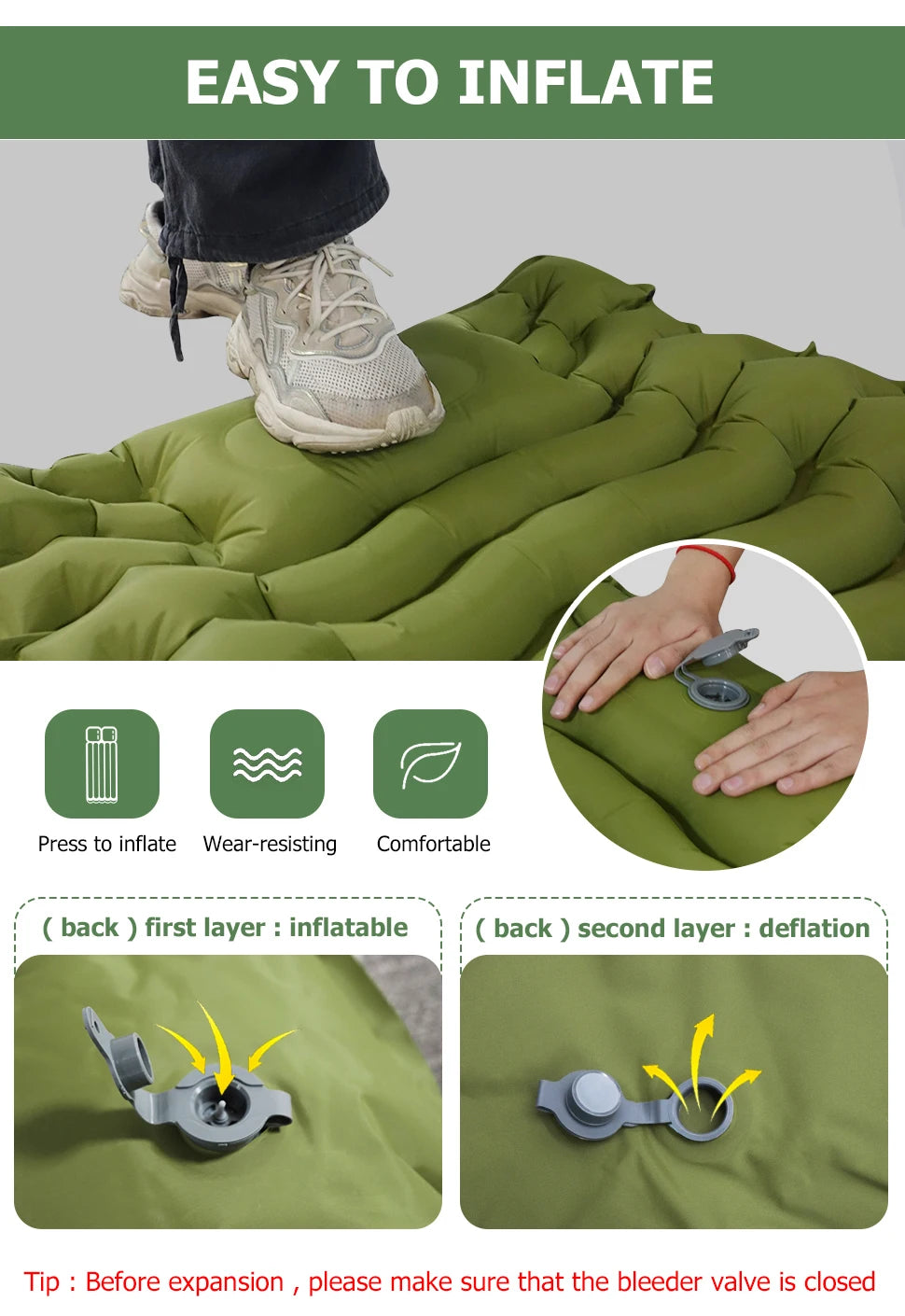 WESTTUNE Inflatable Camping Mattress – Thick Sleeping Pad with Built-in Pillow & Pump